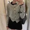 Cárdigan de punto casual a rayas con cuello redondo estilo coreano para mujer, suéter básico de alta gama para primavera, top corto para usar en capas