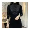 Nueva Camiseta Base de Manga Larga para Mujer Otoño e Invierno, Elegante y a la Moda, con Pedrería Resistente, Estilizadora, Cuello Semi-Alto, Ajuste Ceñido para Ocultar el Vientre
