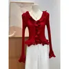 Puro Deseo Estilo Chica Picante Suéter de Punto de Manga Larga para Mujer Otoño Invierno Nuevo Cuello con Volantes Adelgazante Chic Top Corto