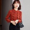 Blusa de gasa con volantes estilo japonés nueva para mujer, manga larga, cuello alto, color rojo, primavera 2022