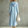 Vestido Longo com Capuz e Meio Zíper de Algodão e Linho, Mangas Compridas com Punhos, Estilo Férias, Estilo Casual, Outono 2026, Cruzamento de Fronteiras Europeu e Americano
