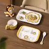 Conjunto de Louça Infantil de Leão Desenho Animado Fofo com Alto Valor Estético, Tigela para Comida de Bebê Doméstica de Melamina, Colher e Prato Dividido