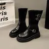 Botas de motocicleta estilo retrô britânico com fivela de cinto para mulheres, botas Martin de cano médio com sola grossa e salto grosso para outono e inverno, botas curtas Melard