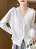 Indústria Pesada Moda Cardigan de Malha Antienvelhecimento Elegante Decote em V Antienvelhecimento Top Outono Estilo Coreano Renda Costura Botão Jaqueta