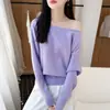 Suéter de estilo francés sin hombros 100% lana pura para mujer, de manga larga, adelgazante, de corte holgado, con mangas anchas, tejido de punto para capa base, suéter cálido