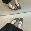 Zapatos Mary Jane de mujer para exteriores con plataforma interior, punta cuadrada, adornos de pedrería floral y forro de felpa para otoño e invierno