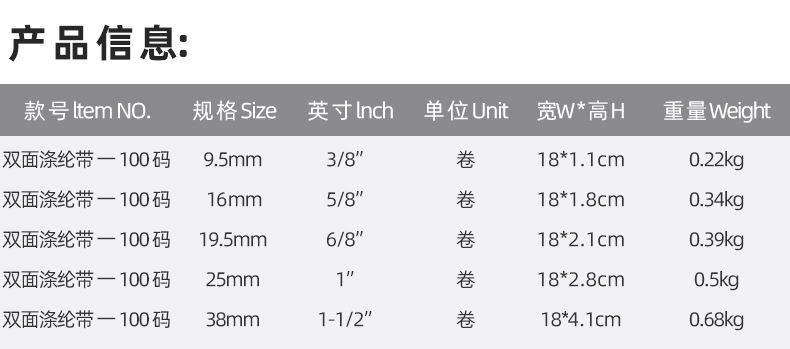 双面100码 重量体积信息 RE2