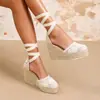 Nuevas sandalias de Amazon para primavera y otoño con tacón de cuña, suela gruesa, tacón alto, puntera cerrada, con tiras, parte trasera abierta, suelas de cuerda de cáñamo tejidas con paja y tallas grandes