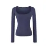 Camiseta Básica de Manga Larga para Mujer, Color Sólido, Elástica, Cuello en U Sexy, Bolsillo, Ajustada, Define la Cintura, para Otoño