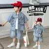 Conjunto de Manga Curta para Meninos 2026 Verão Novo Estilo Coreano Infantil Camisa Shorts Jeans Conjunto de Duas Peças Roupa de Verão Tendência para Meninos