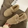 Zapatos Peludos Mujer 2026 Invierno Exterior Suela Gruesa Más Terciopelo Piel Mocasines sin Cordones Cálidos Hada Mujeres Embarazadas Algodón Piao Zapatos de un Solo Color