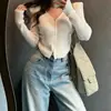 Suéter de punto a rayas con cuello en V, moda de otoño nueva de Dongdaemun Corea, ajuste ceñido, top de manga larga con cremallera para mujer