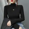 Camisa de terciopelo con cuello medio alto para mujer, otoño e invierno, lijado de doble cara, forro polar, engrosado, cuello medio, manga larga, estilo camiseta