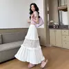 Saia de Bolo Patchwork de Renda Branca para Mulheres, Verão Fina de Cintura Alta Emagrecedora Franzida Vazada Linha A