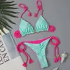 Bikini de Nuevo Estilo Europeo y Americano 2026 para Mujer, Color Sólido Dos Piezas con Cordón y Lazo Bikini Sexy de Dos Piezas