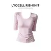 Top sexy ajustado de Lyocell, camiseta de hombro normal para mujer, camiseta ajustada con cuello en U de manga media para mujer, top rosa de verano para mujer
