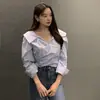 En stock diseño chic coreano de principios de otoño cuello en V plisada manga larga camisa de mujer estilo francés blusa elegante 17345