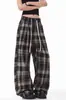 Pantalones de pierna ancha a cuadros retro americanos para estilizar, unisex, estilo neutro, corte holgado, versátiles, pantalones casuales rectos con caída