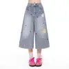 Jeans de verano a cuadros con aplique de estrella de cinco puntas bordada para mujer, nuevos pantalones rectos cropped de pierna ancha estilo americano de nicho lavados