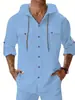 Nueva Camiseta de Lino de Manga Larga para Hombre, Camisa Casual con Capucha para la Playa, Camisa de Manga Larga de Color Sólido