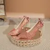 Tacones Altos de Cristal con Lazo Zapatos de Boda para Dama Xiuhe Tacón de Aguja Puntiagudo con Lentejuelas Zapatos de Boda con Pedrería Zapatos Franceses