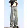 Calça jeans masculina com respingos de tinta estilo grafite e arranhões, calça de perna reta larga solta estilo retro americano para o verão, calça de perna larga moderna com lavagem desgastada
