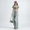 Calça Jeans de Cintura Alta Wide Leg com Strass Feminina Nova Coleção Primavera Verão 2024 Design Hot Drilling Senso de Design Calça de Pano Feminina Solta com Efeito Slim