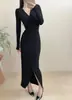 Vestido Elegante Slimming de Gola V Estilo Francês com Amarração na Cintura 2026 Novo Estilo Pura Desejo de Manga Longa Bodycon Que Afina a Cintura Longo