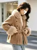 Cardigã de malha elegante com gola de pelo e cinto, novo estilo outono e inverno 2026, jaqueta suéter de pelo sintético de vison, corte solto para mulheres