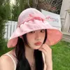 Sombrero de pescador de ala ancha para mujer, fresco al tacto, protector solar para primavera, con cordones, hace que la cara se vea más pequeña, protección UV, sombrero tipo cubo de moda