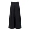 Pantalones casuales negros de pierna ancha de cintura alta con doble botón para mujer con diseño de cintura plisada plegable, jeans holgados y favorecedores