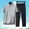 Conjunto de camiseta de manga corta de seda de mora de color liso y camisa POLO para hombre, casual de negocios de verano, transpirable, deportivo, agradable para la piel, dos piezas