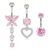 Conjunto Europeu e Americano de 3 Peças de Piercing de Umbigo com Coração de Zircônia Borboleta Anéis de Umbigo, Joias de Piercing em Aço Inoxidável