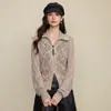 Cardigan de Punto con Lentejuelas de Lana, Cuello Alto Elegante, Solapa de Malla Acolchada, Cremallera Doble, Chaqueta Corta de Color Puro