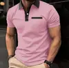 Sitio Independiente Ebay Moda Masculina Transfronteriza Europea y Americana Corte Ajustado Solapa Manga Corta Camiseta Estampada para Hombre con Bolsillo en el Pecho
