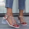 Sandalias de mariposa con pedrería talla grande de comercio exterior para mujer 2023 nuevas tacón grueso de cristal cuadrado estilo hada tacones altos transparentes