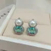 Pendientes Nacionales de Tendencia con Zirconia de Diamante Completo, Diamante Verde, Calabaza y Perla de Agua Dulce para Mujer, Aguja de Plata 925, Pendientes Versátiles de Lujo Ligero de Gama Alta