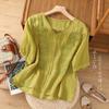 Tops Retro de Algodón y Lino para Madre de Mediana Edad Ropa de Verano Bordada de Lino para Mujer Camisetas de Manga Corta Nuevas de Talla Grande que Cubren el Vientre Venta al por Mayor