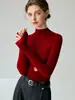 Suéter de punto de lana 100% pura, corte ajustado, cuello semi-alto para mujer, nueva camiseta básica de punto de color liso para otoño e invierno, top de manga larga para usar como capa interior