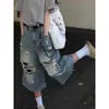 Calça jeans cropped reta rasgada estilo retrô americano para mulheres, novo estilo outono, caimento solto, plus size, jeans de perna larga sete-oitavos que afina