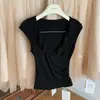 Estilo Leve e Maduro, Camiseta de Lyocell com Babados e Decote V de Alta Elasticidade para Mulheres, Top Slim Fit para Primavera e Verão