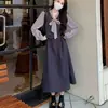Vestido largo de retazos de encaje con cordones y lazo, estilo falso dos piezas, cuello en V para mujer, estilo francés para primavera y otoño, línea A de alta gama entallado a la cintura