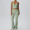 Conjunto Europeu e Americano de Yoga Sensação Nua Duplo Fosco Sexy Decote V Profundo Regata Levanta Bumbum Micro Flare Calça Longa Conjunto de Duas Peças 62142+62347