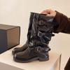Botas Pretas Empilhadas da Moda com Fivela de Cinto para Mulheres, Novas Botas Western Cowboy Retrô Outono e Inverno 2025 com Barra de Calça Moda