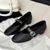 Sapatos Mary Jane Mute Bottom Simple All-Match de pele de carneiro 2025 Primavera Salto baixo grosso Fivela de cinto Sapatos de couro genuíno Biqueira redonda para mulheres