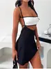Estilo Nuevo de Verano Falda de Tirantes Empalmados Sin Espalda Ajustada de Línea A Moda Europea y Americana Sexy con Cortes Vestido Sexy