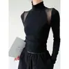 Outono e Inverno 2024 Nova Camiseta Curta Manga Curta Slim-fit Emagrecedora com Costura de Renda e Gola Semi-alta Base de Ombro