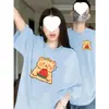 Algodão Penteado Puro Camiseta Especial Combinando para Casal, Manga Curta Solta para Usar no Verão, Top de Urso Comendo Melancia para Mulheres