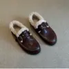 Versão em Couro ~ Novos Sapatos Rasos Versáteis Retrô com Fivela de Cinto Sapatos de Algodão para Outono e Inverno Novo Estilo com Sapatos de Pelo para Mulheres