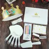Cuchillo y Tenedor para Pastel de Cumpleaños Juego de Velas Plato de Papel Desechable Plato de Cena Engrosado Forma de Gota Tenedor para Hornear Vajilla en Caja
